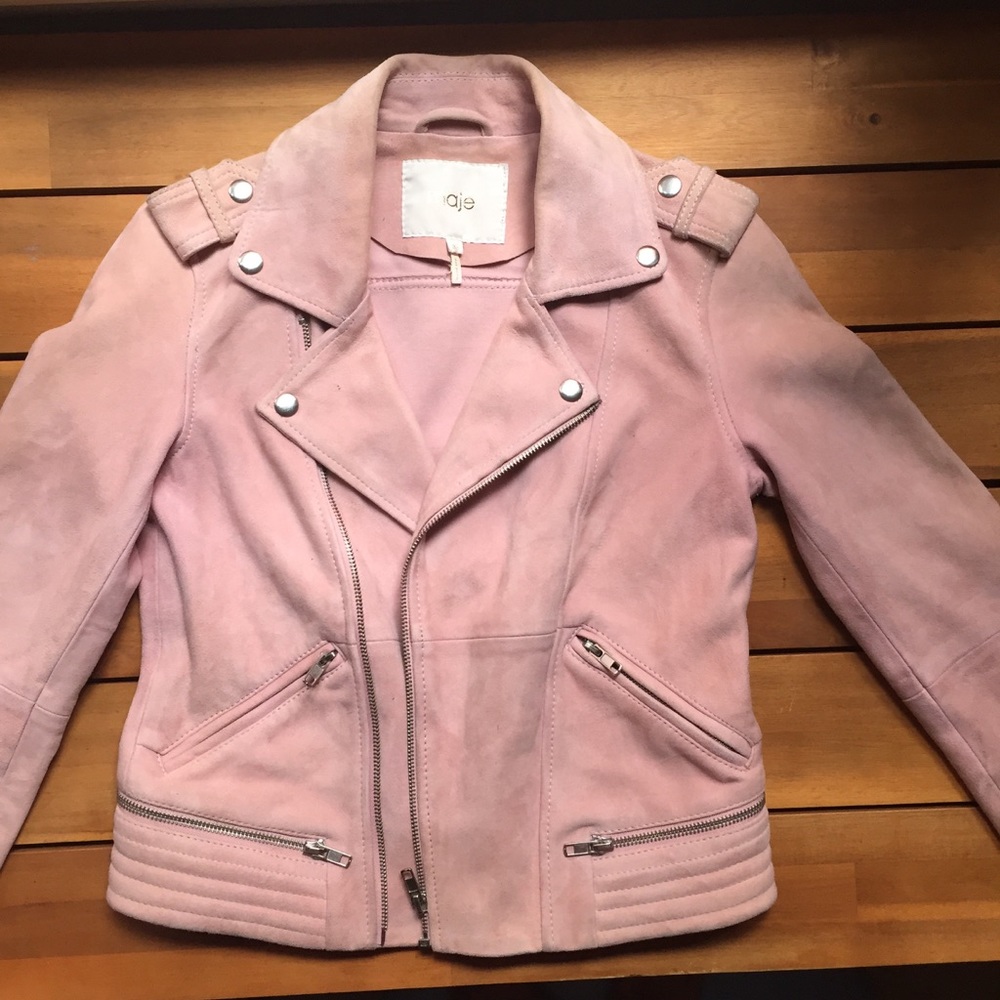 Maje Pink Suede Leather Motto Jacket